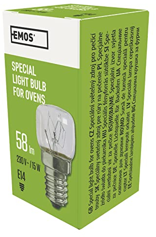 EMOS 15W Glühlampe für Backofen bis 300°C, Herd-Birne mit E14 Fassung, Helligkeit 58 lm, 230 V, Abmessungen 23 x 45 mm, Durchsichtig