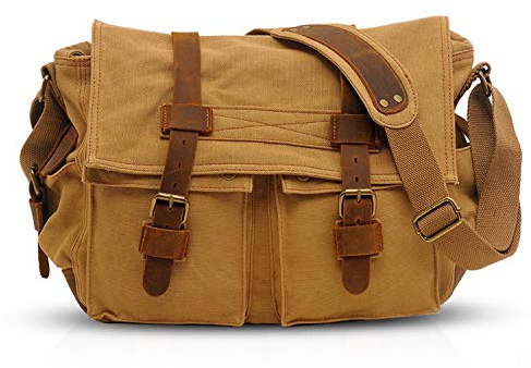 FANDARE 14 Inch Laptop Shoulder Bag Unisex Canvas Messenger Bag for Men/Women, khaki, L, Leisure backpack