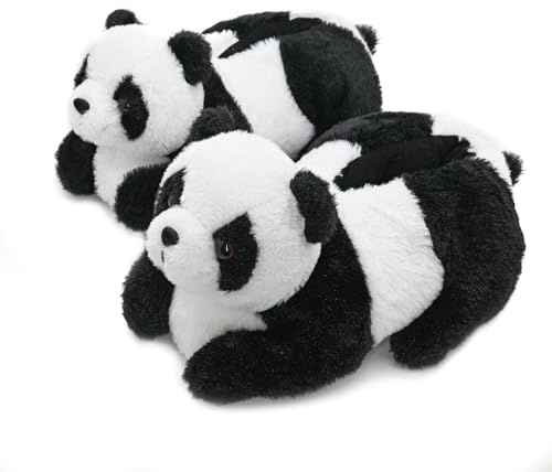 Onmygogo 3D Novelty Slippers for Women Men and Kids, Winter Furry Animal Panda Bear Slippers (UK kid size 11-13, Black and White)