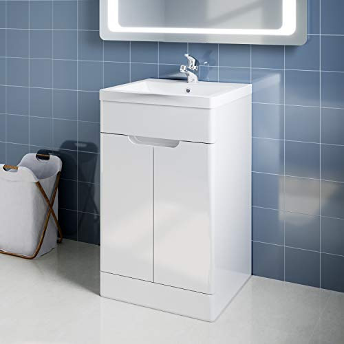 ELEGANT 490mm Vanity Sink Unit with Vitreous Resin Basin | High Gloss White Vanity Unit with 2 Soft Close Door, Bathroom Storage Furniture for small bathrooms, cloakrooms