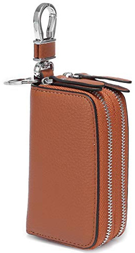 Aileder Custodia per chiavi in vera pelle con doppia cerniera, portachiavi per auto, borsa portachiavi, portafoglio per uomo e donna, Marrone, S, Compatto