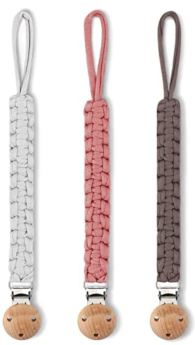 Luvadeyo® Schnullerkette Baumwolle Schnullerband, Holzclip, handgewebtes, moderner Kastrationsstil Babygebrauch (3-Sätze Weiß/Khaki/Pulver)
