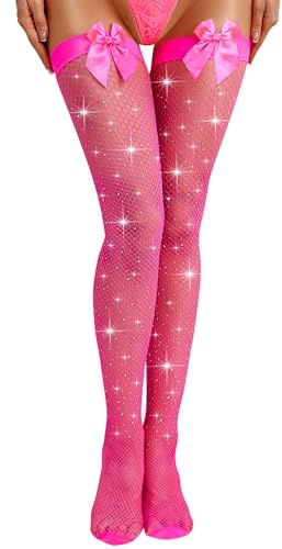 RSLOVE Hold up Stockings for Women Fishnet Tights Suspenders with Bow Fluorescent Pink
