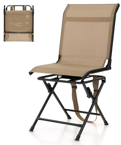 TANGZON 360° Swivel Hunting Chair, Folding Camping Chair with Ergonomic Backrest, Shoulder Strap & Anti-Slip Foot Pads, Outdoor Portable Lightweight Blind Seat (No Armrests, 46x55x91cm, Brown)