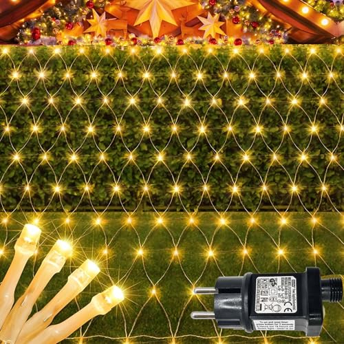 Hopelit LED Lichterkette Netz, 1.5x1.5m 100 Led Lichternetz, Lichterkette Außen Netz Erweiterbar mit Stecker, Timer 9 Modi, Lichterkete für Büsche Garten Zimmer Balkon Weihnachten -Warmweiß