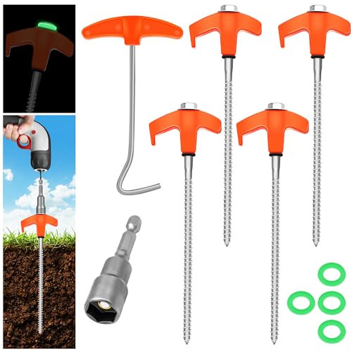 Tokeya Zeltheringe mit Gewinde Robuste Stahl-Heringe Camping mit Reflektorseile und Heringzieher, 4 Stück Heringe Erdnägel Stabil, Schraubheringe für harten Boden, Camping, Gartenarbeit, Wiesen, Gras