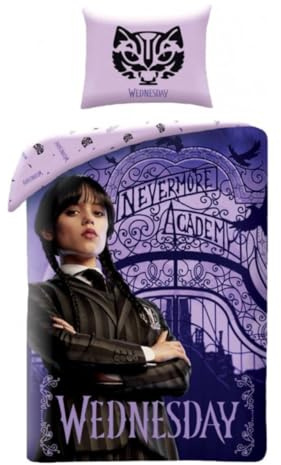 Halantex WEDNESDAY NEVERMORE ACADEMY - Duvet Cover 140 x 200 cm with Pillowcase 70 x 90 cm - 100% Cotton Multi-Coloured