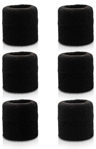 303 Athletics Power Sweatband - 6 Schwarze Baumwoll Schweissbänder für Handgelenke, schweißabsorbierendes Fitness Schweißband für Männer&Frauen für jeden Sport: Fußball, Fitness, Basketball, Tennis..