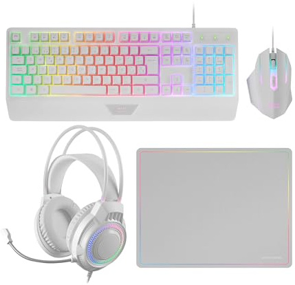 Mars Gaming MCP124PRO, Portugués, Combo Gaming 4en1, Teclado RGB H-Mech con Reposamuñecas, Ratón RGB 3200DPI y Switches HUANO, Auriculares FRGB, Alfombrilla Nanotextil 36x26cm, Multiplataforma, Blanco