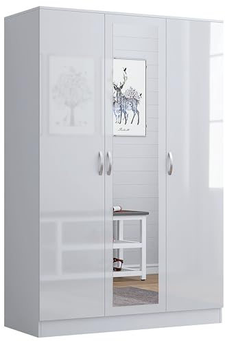 Nera Gloss 3 Door Wardrobe for Bedroom 120cm Wide with Mirror Shelves and Hanging Rail Storage Cabinet(Gloss White (Matt White))