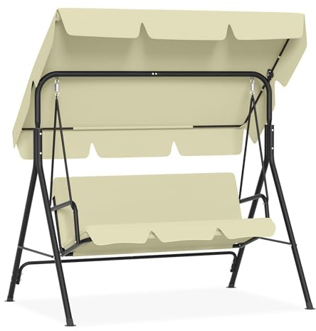 SUBTLETY Balancín de jardín de 3 plazas, con toldo ajustable y asiento y patas antideslizantes, hasta 200 kg, resistente al agua, color beige, 176 cm de largo