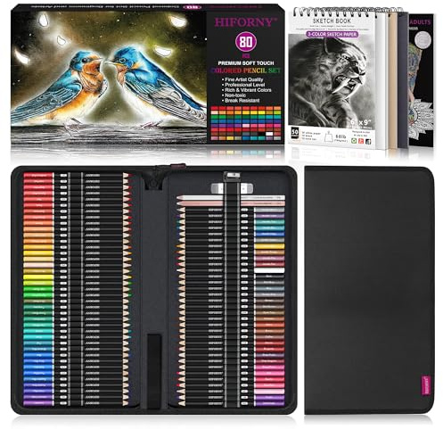 HIFORNY 80PCS Colored Pencils Set for Adults – 72 Soft Core Colored Pencils with Sketchbook, Coloring Book,Blender,Burnisher,Eraser,Sharpener & Color Chart – in Gift Box & Zipper Case