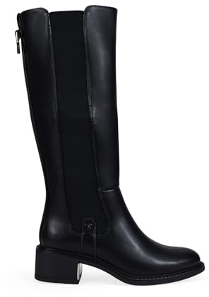 BOSANOVA Botas Altas para Mujer con elástico en la caña, Tirador metálico y Suela Plana con tacón Ancho con Pieza metálica. Cierre con Cremallera. Calzado para Mujer Negro 38