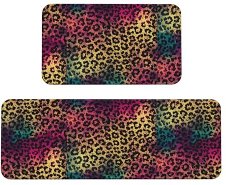 Star Leopard Print Kitchen Rugs Set of 2, Cushioned Anti-Fatigue Kitchen Mats for Floor, Waterproof Comfort Standing Mat Absorbent Velvet Kitchen Runner Rugs 17x30+17x47