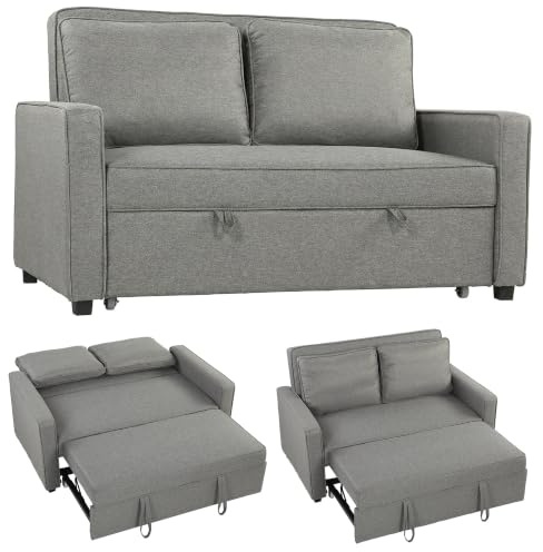 HOMCOM Divano Letto 2 Posti 3 in 1 Effetto Lino con 2 Cuscini, Divano Letto Matrimoniale Estraibile Reclinabile 3 Livelli Salvaspazio, Braccioli, Seduta Imbottita, Legno Eucalipto, Soggiorno, Grigio