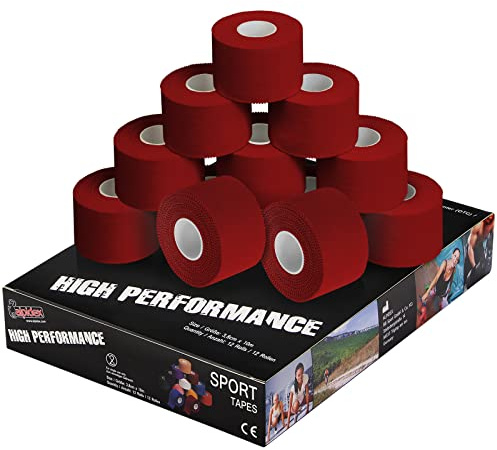 ALPIDEX 12 x Cinta Adhesiva Deportiva 3,8 cm x 10 m Diferentes CoIores Sport Tape 100% Algodón Inelástica Balonmano Fútbol Voleibol Escalada, Color:rojo
