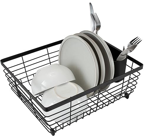 Kitchen Details Flat Wire Countertop or Over The Sink Dish Drying Rack with Cutlery Basket | Holds up 10 Dishes | Mugs | Kitchen Accessories | Black