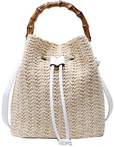 Goclothod Drawstring Shoulder Bag Straw Weave Handbag Summer Beach Purse (Off-white)