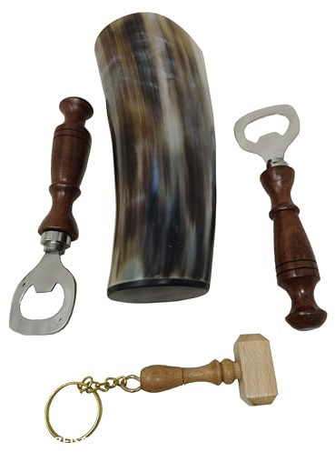 Galaxy Indiacraft Viking Drinking OX Horn | Tankard | Mug | Cup for Ale, Beer, Mead, Wine, Shot Glass, Bottle Opener |100% Leak Free | Natural and Handmade | COMBO OFFERS (6 SHOT GLASS ENGRAVED COMBO)