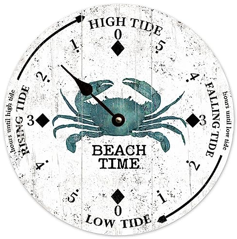 BYRON HOYLE Blue Crab Tide Clock Wooden Wall Clock,Battery Operated,Farmhouse Wall Decor for Kitchen,Living Room,Bedroom,Office,10 Inch