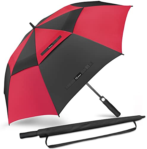 NINEMAX Golf Schirm Sturmfest L,Übergröße Regenschirm Automatisch Öffnen,Extra Große Regenschirme Doppeltes Vordach für Reisen,Golfen(Schwarz/Rot)