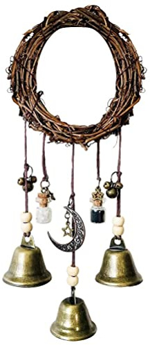 ARTOCT Corona de campanillas de viento de bruja, campanas redondas de ratán de bruja, perchas de puerta de protección hechas a mano, campanas de viento colgantes para puerta del hogar de 10 cm
