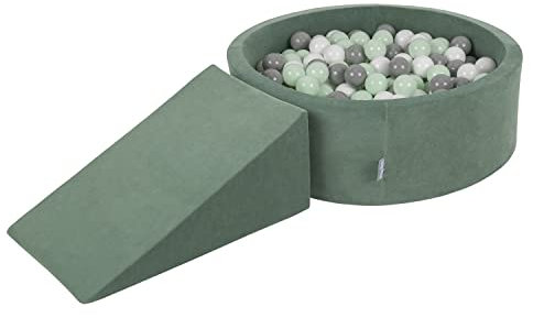 KiddyMoon Spielplatz Velvet Aus Schaumstoff Rund Bällebad Bällebad (200 Bälle) + Zwickel Ballgruben Babys Spielbad, Waldgrün: Weiß/Grau/Minze