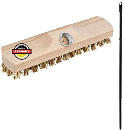 Schrubber aus Holz mit Borsten Wischer mit Gewinde und Steckstiel vierteilig - Scheuerbürste Union Boden-Bürste Ideal Reinigung von Balkon Terrasse Garten Innen- Außenbereich