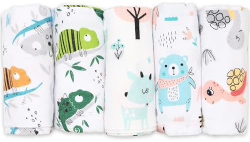 FENSILO Panni in molton, confezione da 5 pannolini in flanella in 100% cotone, 80 x 80 cm, pannolini in molton, unisex, per ragazzi o ragazze, camaleonte