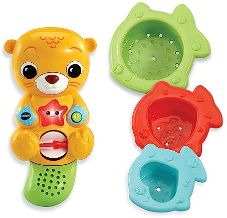 VTech - Ma Petite Loutre de Bain, Jouet de Bain Bébé, Animal Interactif Flottant, Jeu Musical, 3 Passoires Poissons Colorées, Cadeau Enfant Fille et Garçon Dès 1 an - Contenu en Français