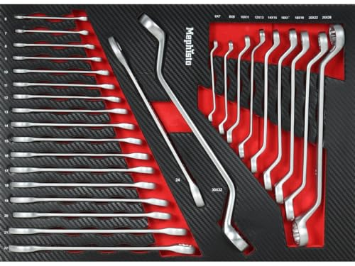 Mephisto Werkzeugeinlage Werkzeug Set Pro Line Werkstattwageneinlage gekröpfte Doppelringschlüssel, Ringschlüssel-Set, Ring-Maulschlüssel-Set 40 tlg., metrisch, inkl. Soft Inlay in Carbonoptik