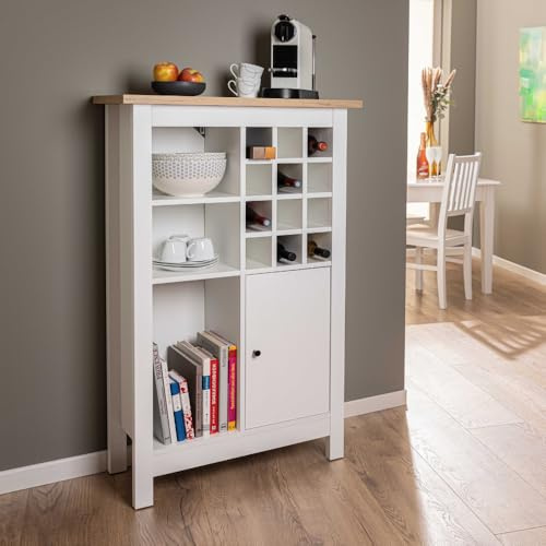 Inter Link- Sideboard für 12 Flaschen mit 3 Regalböden und 1 Tür – Weinschranck - Highboard - Küchenschrank - Buffetschrank – für Weinlagerung - Artisan Eiche Weiß - Julina