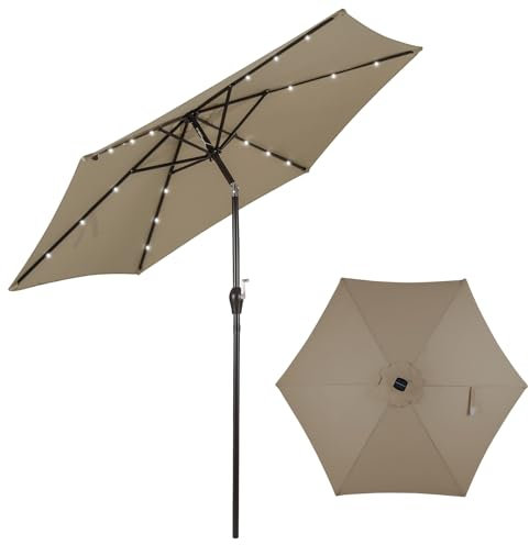 KOMFOTTEU Sonnenschirm 300 cm mit LED & Kurbel, Gartenschirm knickbar, Terrassenschirm Marktschirm aus Polyestergewebe, Ampelschirm für Oudoor Sonnenschutz (Khaki)