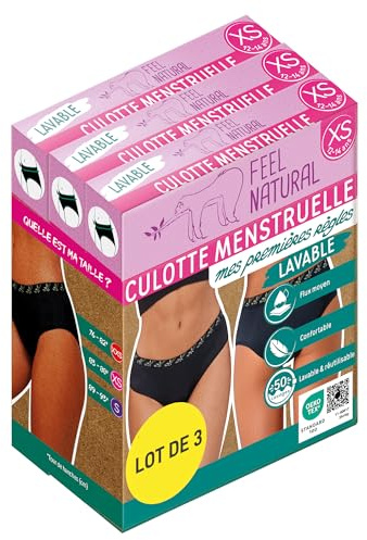 Feel Natural - Pack Culottes Menstruelles Premières Règles Noir Doré - Protection Absorbante Sans Couture - Confort Hygiénique Jeune Femme - Ado - Lavable - Anti Fuite - Taille XS