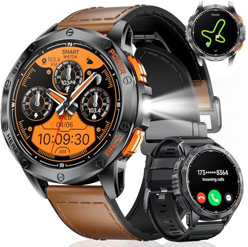 Reloj Inteligente Hombre con GPS/Altitude y Brújula, 1,43 AMOLED, Linterna, Llamadas,180+ Modos Deportivos, Monitor de Salud 24/7, Batería de 30 Días, 10ATM Impermeable Smartwatch para iOS Android