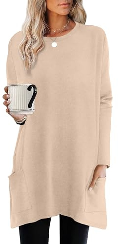 XIEERDUO Beige Tops for Women Fall Tunic Tops Dressy Casual Blouses Loose Fit Long Sleeve High Low Tunic Tops with Pockets XL