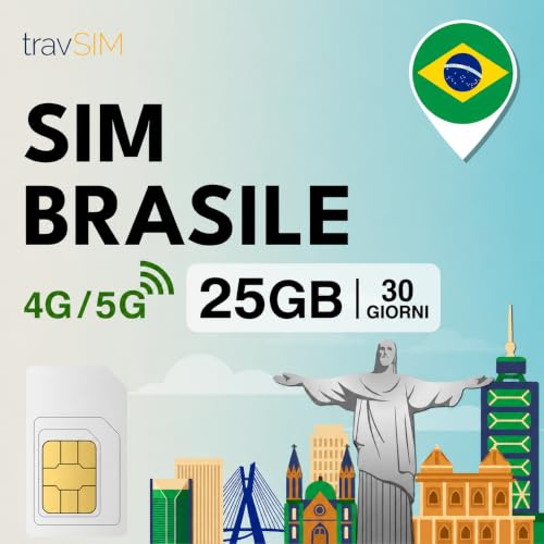 travSIM SIM-kort Brasilien | 25 GB - 30 dagars mobildata med 4G/5G-hastigheter | obegränsad internetåtkomst för Google, Facebook, WhatsApp och mer