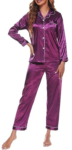 Generisch Set Pigiama da Donna in Raso - Biancheria da Notte Sexy con Scollo a V, Camicia, Lungo - Abbigliamento da Casa Comodo e Morbido - Elegante Abbigliamento da Camera da Letto, Lilla, M