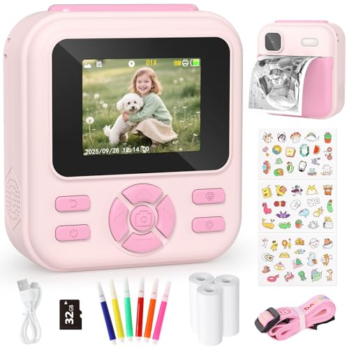 YOHOOLYO Sofortbildkamera Kinder 2,4 Zoll 1080P HD Kinderkamera mit 3 Rollen Druckpapier 32GB Karte Farbigen Stiften Aufkleber Geschenke für Jungen und Mädchen 3-12 Jahre (Rosa)