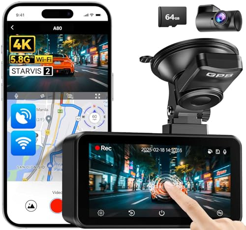 JOMISE 4K+4K Dash Cam Front and Rear - 20Mbps Ethernet Download, STARVIS 2 Night Vision, WiFi 6, Touch Screen GPS, 24H Parking Mode, 64GB Card Included, Supports 1TB (A80 Pro)