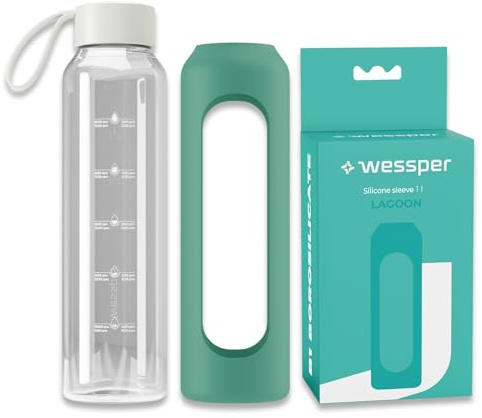 Wessper glasflaska med silikonhölje, borosilikatglasflaska med tidsangivelse 1 liter, sportflaska Idealisk för fitness, skolidrott, barn BPA-fri drickmotivation - Lagune