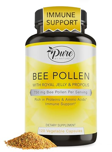 Pure By Nature Bee Pollen Supplement with Propolis & Royal Jelly for Immune Support, Antioxidant Properties, 120 Non-GMO Vegetarian Capsules