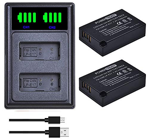 PowerTrust 2Pcs 1300mAh LP-E17 LP E17 Battery with Charger for Canon EOS R8, R10, R50, RP, 850D, 77D, 750D, 760D, 8000D, 200D, EOS M3, M5, M6, Rebel T6i, T6s, Kiss X8i
