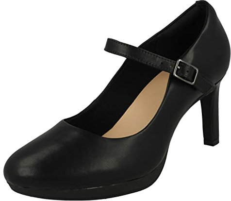 Clarks Ladies Platform Heeled Mary Jane Style Court Shoes Ambyr Shine - Black Leather - UK Size 5.5E - EU Size 39 - US Size 8W