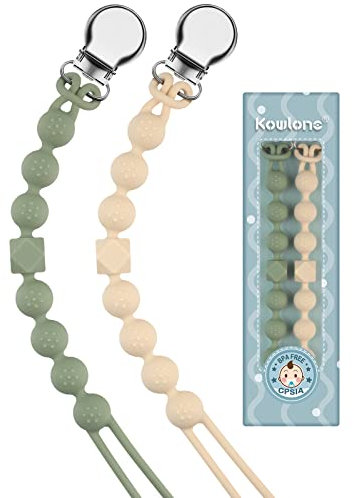 Kowlone Schnullerkette Junge mädchen Dummy Clips Schnullerband Schnullerketten Schnuller Clips Halter für Babydusche 2-Pack(Beige,Moosgrün)