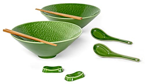 UNICASA Japanischer Ramen Schüssel aus Keramik, 2 Stück 1100 ml Pastaschüsseln Suppenschalen Salatschüsseln mit Löffel und Essstäbchen, Dunkelgrün