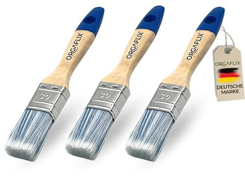 ORGAFLIX Pennello per vernice, 30 mm, set da 3 pezzi, per vernice e vernice, senza perdita di setole, perfetto per vernice protettiva in metallo, pennello piatto in legno, per esterni, setole