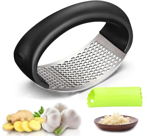 Presse-ail en Acier Inoxydable, Presse Ail à Bascule, Presse-ail Manuel en Acier Inoxydable, Hachoir à Ail, Ecrase Ail, Ecrabouilleur Ail pour Ecraser Les Ustensiles de Cuisine à l'ail (1PC+1)