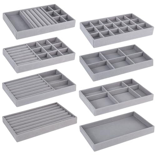 bssmmai 8 Pezzi Organizer Gioielli da Cassetto Velluto, Vassoio Porta Collane da Cassetto, Porta Gioielli da Cassetto, Portagioie Donna per Anelli, Collane, Orecchini e Bracciali