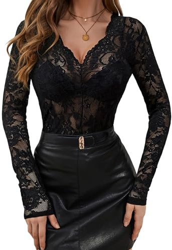 Springcmy Women Floral Embroidery Mesh Lace Sheer Scallop Trim V Neck Long Sleeve Top Undershirts Layering Top Shirts (A Black, XL)